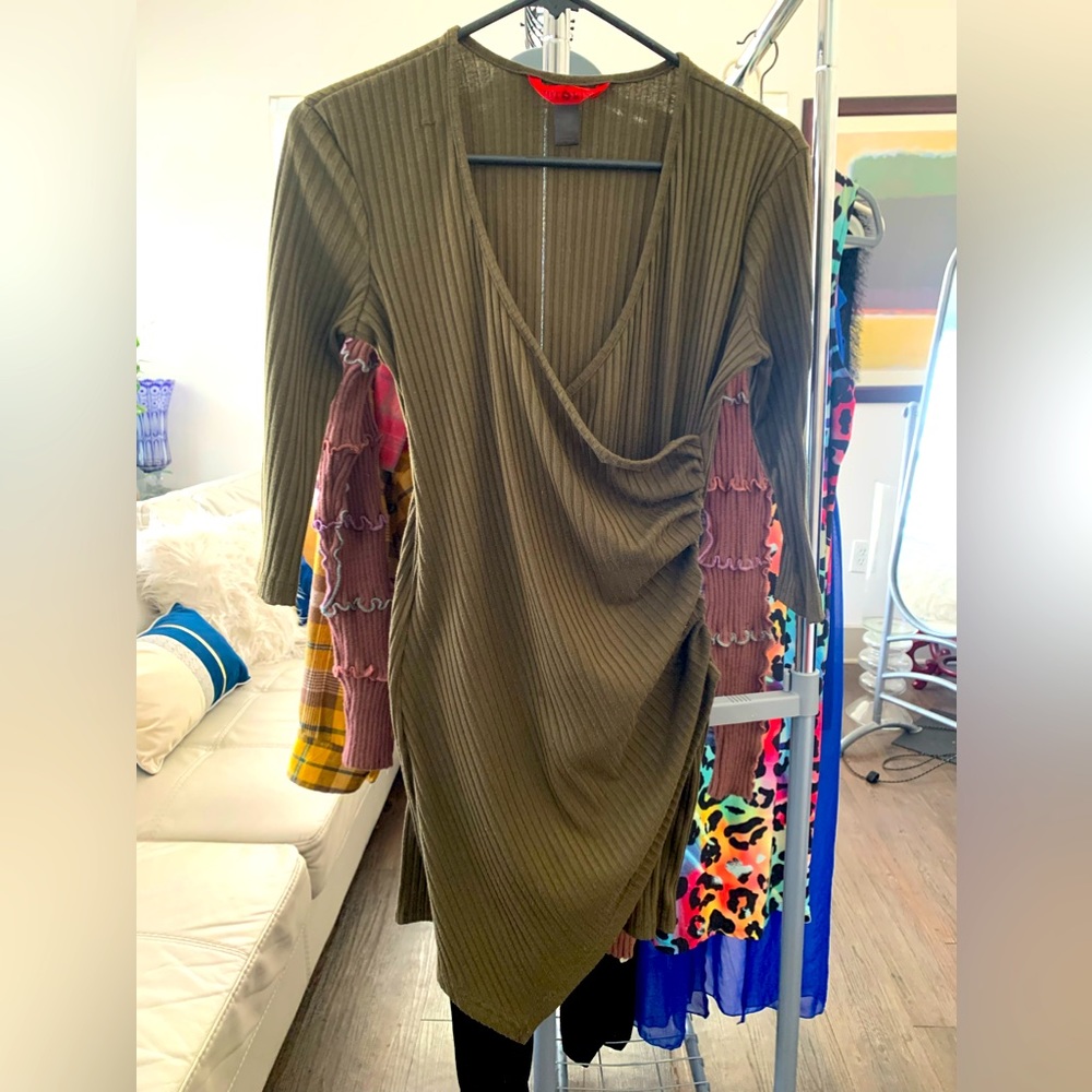 Mock wrap dress, asymmetrical hem, long sleeves, large